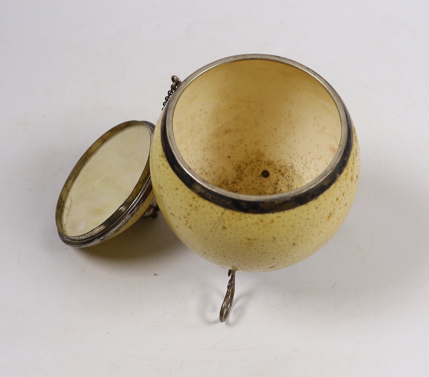 A cased Edwardian silver mounted ostrich egg, with silver mounted cover, Samuel Jacob, London, 1907, housed in a leather and watered silk case, 18.6cm.